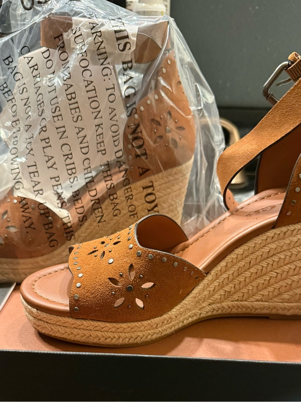 Coach Tan Suede Espadrille Wedge Sandals with Stud Detail
